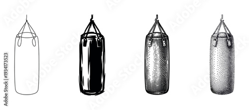 Punching bag designs are presented in various artistic styles, including outline, solid, engraved, and stippled.