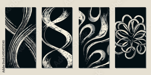 Abstract black and white brushstroke panels forming a modern art display
