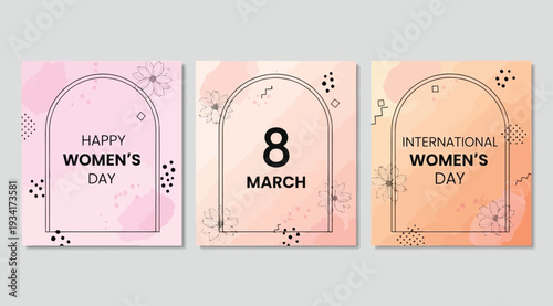 Happy international womens day greeting cards with floral designs and text on colorful backgrounds