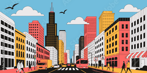 USA, US, U.S, United States - Chicago urban street skyline, modern flat vector, panoramic ultra-wide style
