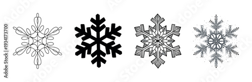 Four distinct snowflake designs showcasing various artistic styles perfect for winter holiday decorations and seasonal graphics.