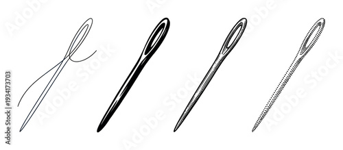 Four different sewing needle illustrations in various artistic styles showcasing diverse design techniques for crafting projects.