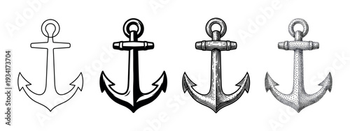 Four different styles of nautical anchors in black and white vector illustration set, perfect for maritime design projects.