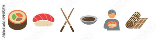 Sushi, nigiri, chopsticks, soy sauce, and person icons illustrate a delightful Japanese culinary experience.