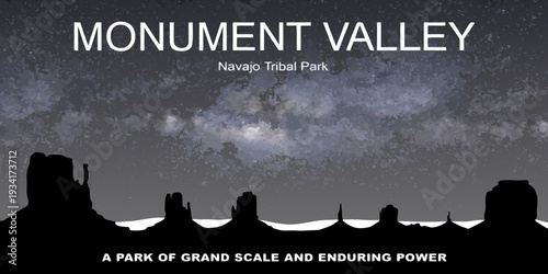 USA, US, U.S, United States - Monument Valley starry night, flat vector silhouette, ultra-wide panoramic poster
