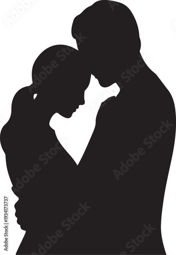 Black silhouette of couple embracing and kissing white background