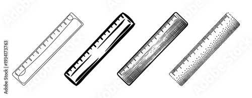 Four different styles of measuring rulers are displayed in a collection of black and white illustrations.