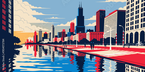 USA, US, U.S, United States - Lakefront promenade sunrise, Chicago skyline reflection, clean vector
