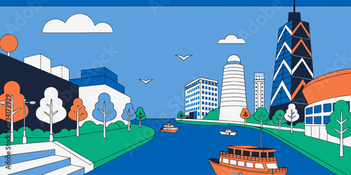 USA, US, U.S, United States - Chicago riverwalk aerial view, ultra-wide banner, flat vector, clean lines
