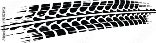 Dynamic black and white vector illustration of a grunge tire track, showcasing vehicle motion and speed with an edgy, distressed design element