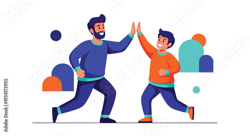 A man and a boy giving each other a high-five in a playful, modern graphic illustration with bold shapes and vibrant colors on a white background.