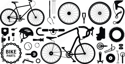 A black and white illustration of a bicycle and its various parts, showcasing a clean and detailed representation