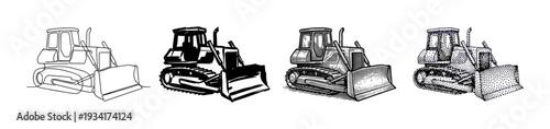 Four different stylized illustrations of a powerful bulldozer, showcasing various artistic techniques for heavy construction machinery.