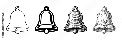 Four distinct bells illustrated in various artistic styles, showcasing different graphic design techniques for icons and symbols.