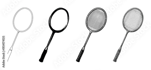 Four different stylized badminton rackets illustrations in various styles are presented as a versatile set of graphic elements.
