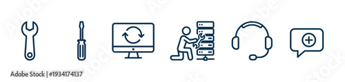Technical support service icons collection representing various aspects of IT maintenance, customer assistance, and system repair.