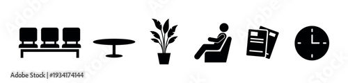 Waiting room elements icons set illustrates various objects and activities associated with patient waiting areas.