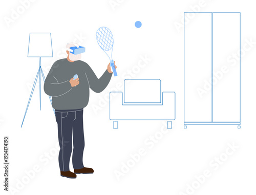 An active grandfather, senior man plays virtual tennis at home using a VR headset. A modern concept for elderly fitness, entertainment, and maintaining brain health. Flat vector illustration