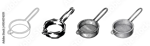 Kitchen saucepans and melting pots are depicted in four distinct artistic styles, perfect for culinary-themed designs.