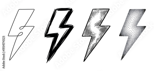 Four different lightning bolt icons with varying artistic styles showcasing diverse graphic design elements for power and energy concepts.