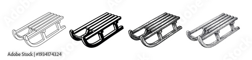 Classic wooden sleds are illustrated in a collection of distinct graphic styles for winter sports and recreation.