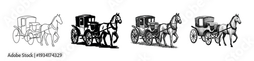 Vintage horse drawn carriage illustrations showcasing different artistic styles from historical eras.