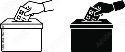 A clear and concise simple line art illustration of a hand placing a ballot into a voting box, symbolizing the democratic process, civic duty, and the act of election