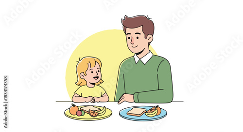 A cartoon illustration of a man and a young girl sitting at a table with two plates of food against a white background with a yellow circle.