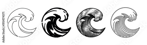 Four different stylized ocean wave icons are presented in a diverse collection of graphic design styles.