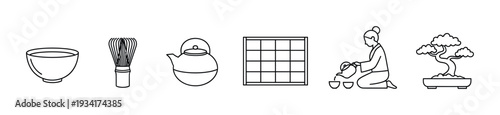 Japanese tea ceremony and cultural icons set in a simple line art style for various design purposes.