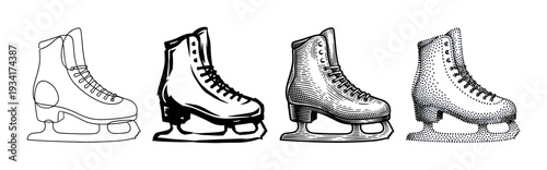 Four distinct ice skates illustrations showcasing various artistic styles from continuous line to detailed engraving and stippling techniques.