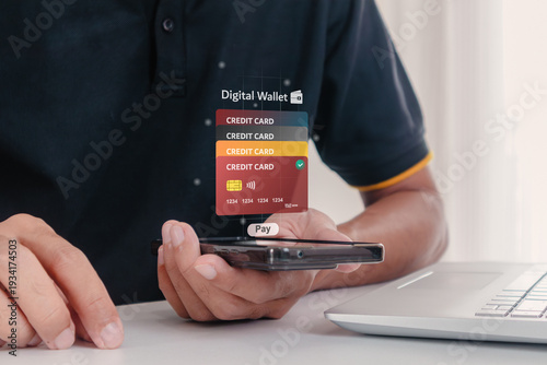A man using digital wallet on his smartphone to pay online. Online Payment or E-wallet transaction concept.