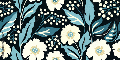Elegant floral pattern with white blossoms and teal leaves on dark background