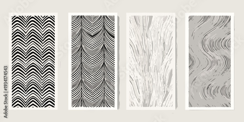 Four abstract patterned panels with varying line orientations and shades