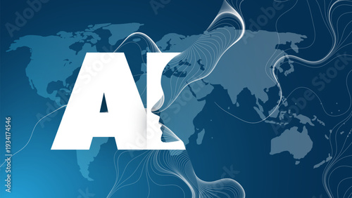 Dark Blue AI Agent, Digital Assistant, Artificial Intelligence, Modern Technology Concept with Humanoid Profile Silhouette, Global Information Flow - Illustration in Editable Vector Format