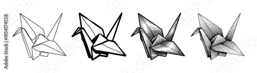 Four distinct styles of traditional Japanese origami crane illustrations showcasing various artistic techniques from outline to stippling.