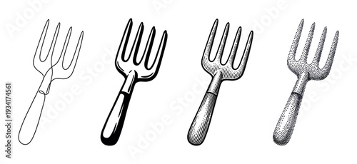 Four different stylized kitchen forks presented in various artistic styles, showcasing diverse graphic design techniques from line art to stippling.