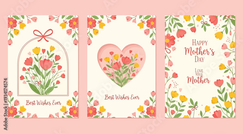 Set of happy mothers day cards with floral designs and heart shapes on pink background