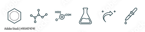 Chemistry science laboratory research experiment molecular icons depicting chemical reactions and scientific analysis.