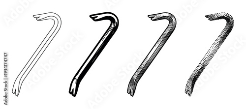 This set of crowbar illustrations presents different graphic styles for a common construction and demolition tool.