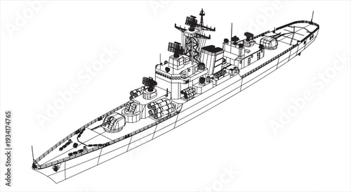 Warship Blueprint – Naval Military Vessel CAD Technical Drawing and Wireframe Model