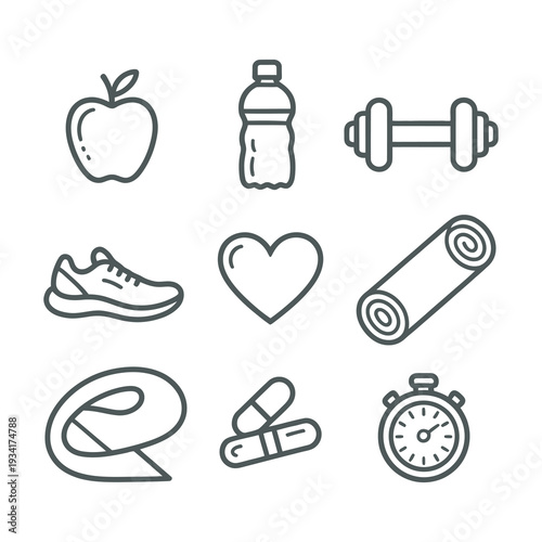 Minimalist Black Outline Fitness Health and Wellness Icons