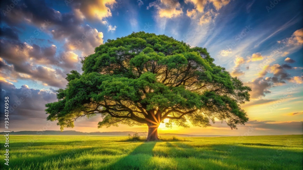 Fototapeta premium Majestic bitg tree standing alone in lush green grass field with warm sunlight filtering through leaves