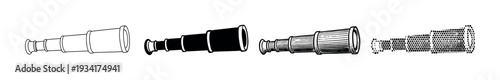 Vintage spyglass telescope optical device for exploration and adventure, presented in various black and white illustrative styles.