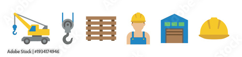 Industrial equipment and worker safety icons are displayed in a flat design style, representing various aspects of construction and logistics.