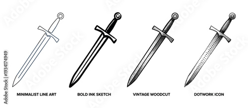 Four different artistic styles of a medieval sword showcasing minimalist line art, bold ink sketch, vintage woodcut, and dotwork icon illustrations.