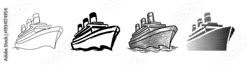 Cruise ship illustrations showcasing diverse artistic drawing styles, including continuous line, brush stroke, engraved, and halftone techniques.