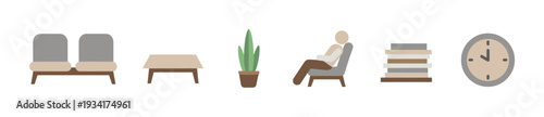 Waiting room elements and office furniture icons for modern design projects, illustrating a comfortable and professional space.