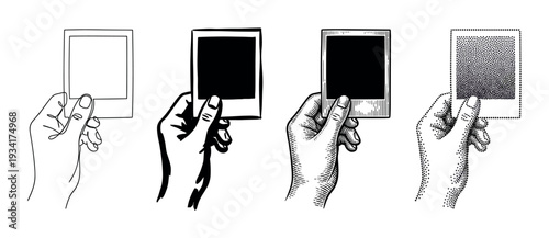 Hand holding instant photo frames, illustrated with diverse artistic styles including line art, engraving, and stippling.