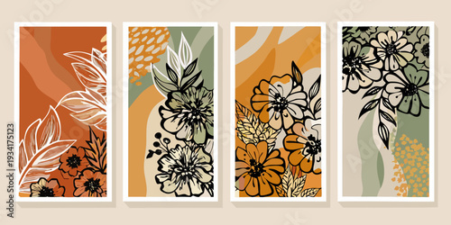 Four abstract botanical art prints with floral and organic shapes
